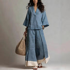 French V-Neck Three-Quarter Sleeve Shirt + Contrasting Color Wide-Leg Pants Suit For Women