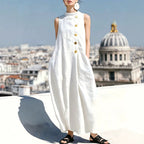 Sleeveless Stand Collar Linen Midi Maxi Dress with Side Buttons