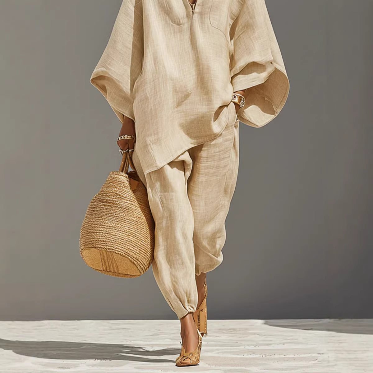 Women's Neutral Linen Set With Asymmetric Hem & Minimalist Design, Sophisticated Daily-Casual Style Set