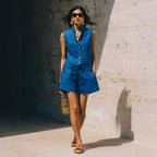 Linen Stand Collar Sleeveless Vest & Elastic Waist Shorts 2 Piece Co-Ord Set