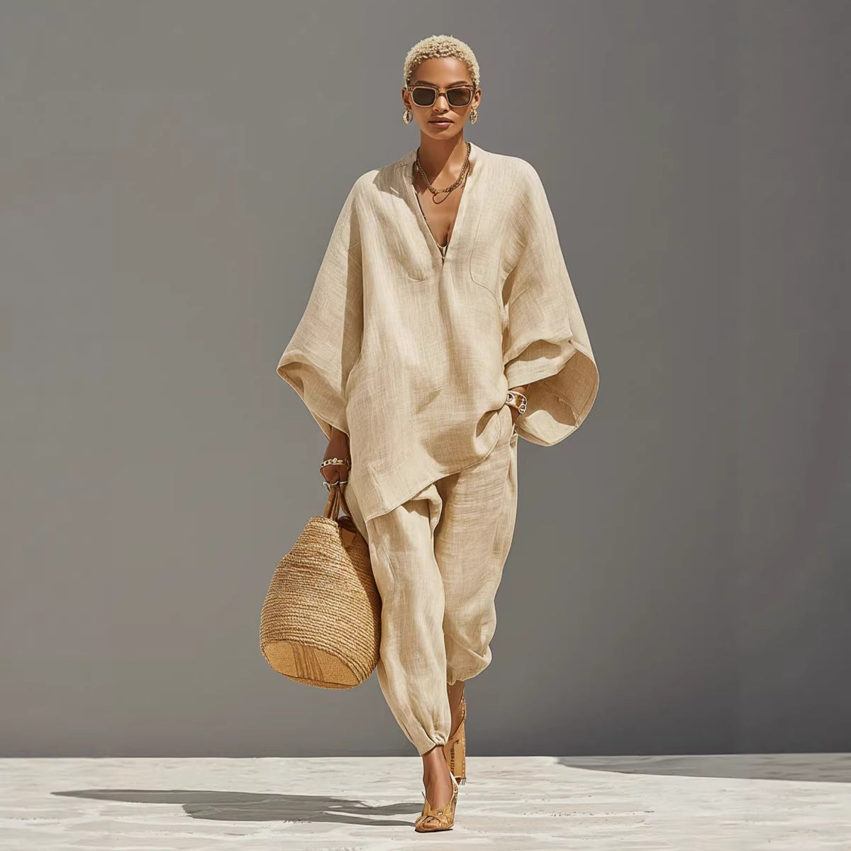 Women's Neutral Linen Set With Asymmetric Hem & Minimalist Design, Sophisticated Daily-Casual Style Set