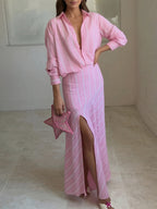 Women Striped Long‑Sleeve Shirt & High‑Slit Maxi Skirt Two‑Piece Set