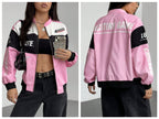 Women Color Block Racing Jacket Zip Up Letter Print Bomber Jacket Y2K Streetwear