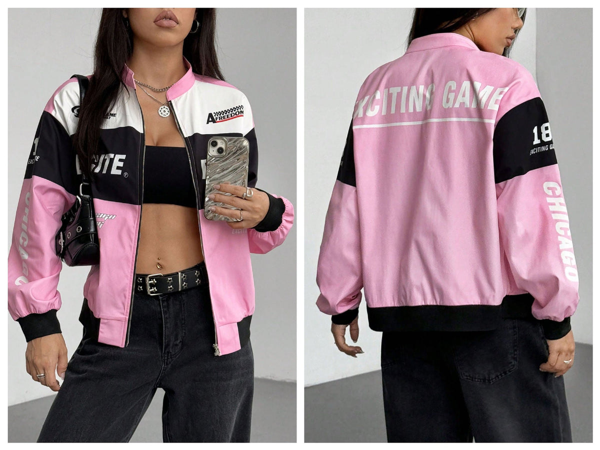 Women Color Block Racing Jacket Zip Up Letter Print Bomber Jacket Y2K Streetwear