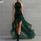 Velvet High-Neck High-Low Tulle Dress