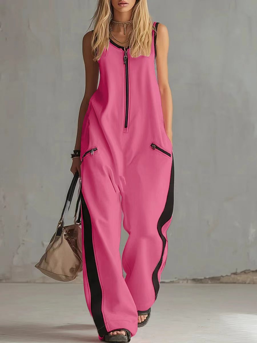 Women's Contrast Color Sleeveless Jumpsuit - Sporty Wide Leg with Zipper Detail (S-2XL)
