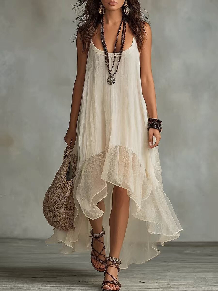 Boho Irregular Ruffle Hem Sleeveless Chiffon Maxi Dress