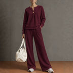 Women'S Notch‑Neck Button Long‑Sleeve Top & Wide‑Leg Pants Two‑Piece Loungewear Set