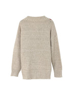 Beige V Neck Long Sleeve Red Bow Graphic Knit Sweater