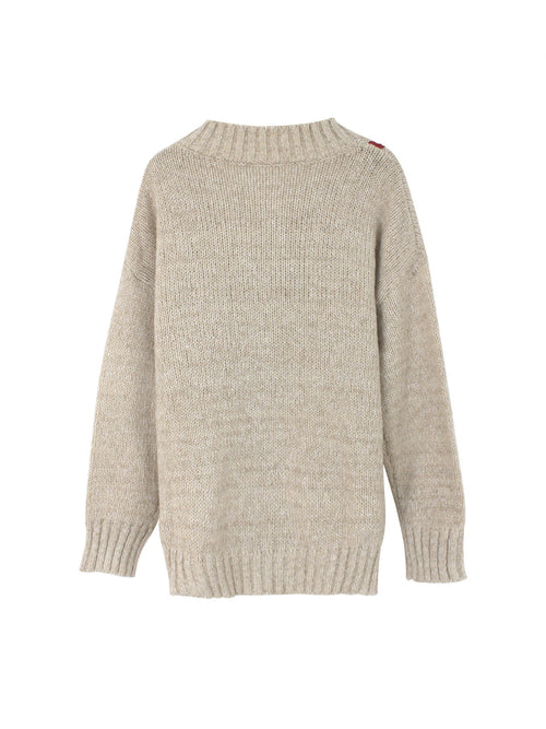 Beige V Neck Long Sleeve Red Bow Graphic Knit Sweater
