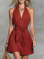 Halter Neck V-Neck Waist Tie Casual Holiday Women'S Dress