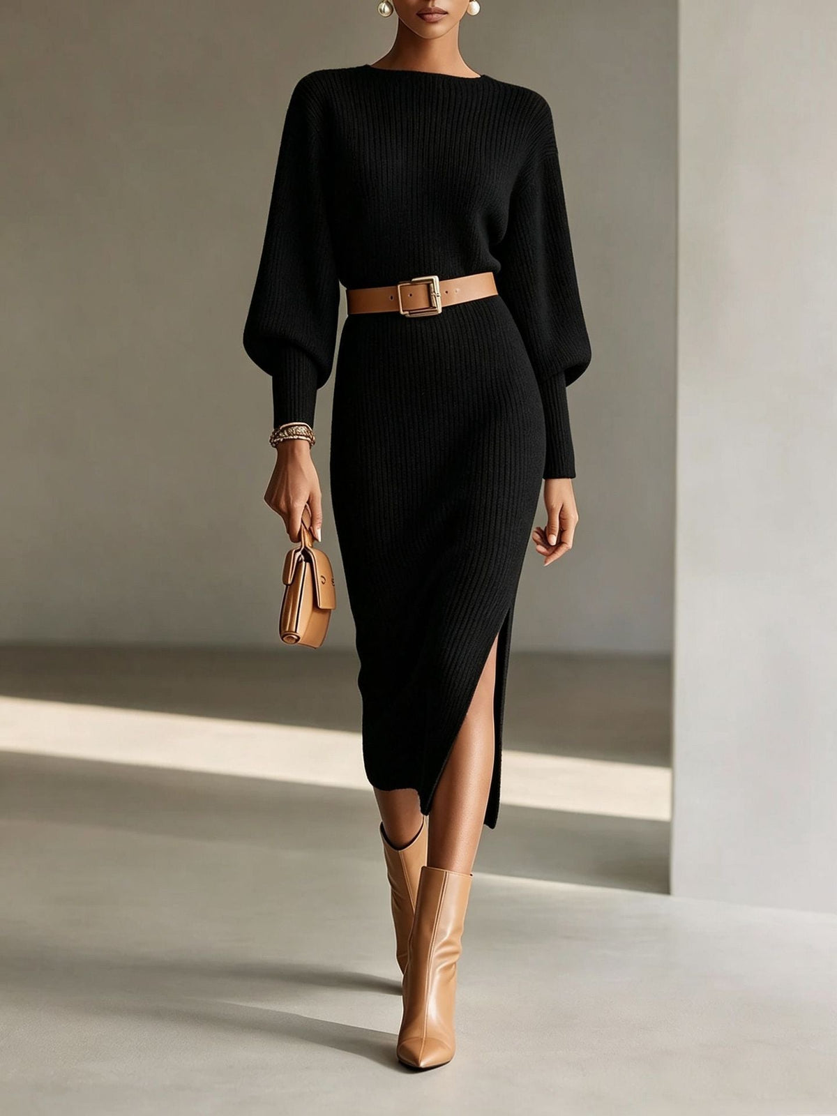 Boat Neck Balloon Long Sleeve Knit Midi Dress With Belt