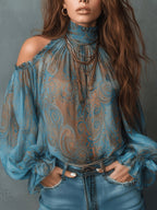 High Neck Ruffle Trim Long Sleeve Chiffon Top