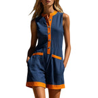 Contrast Trim Sleeveless Linen Short Jumpsuit