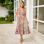 Women's V-Neck Ruffle Sleeve Midi Dress - Versatile Casual Floral/Print Dress with Pockets (6 Colors Available)