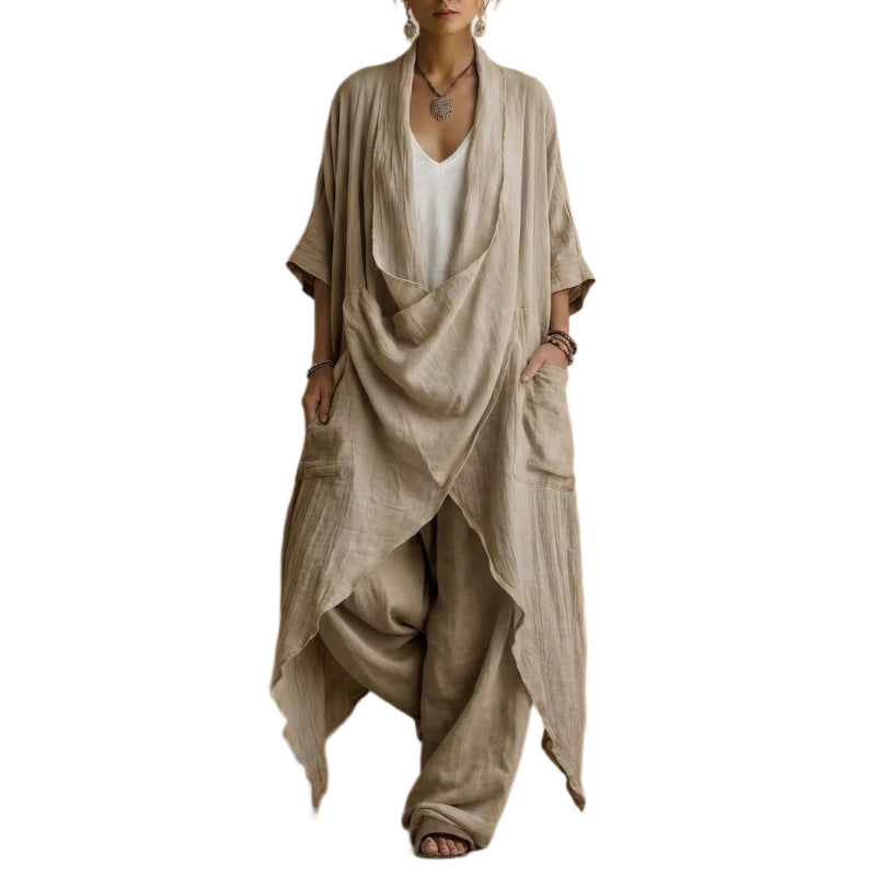 Casual Bohemian Style Suit Consists Of Two Pieces, A Long Linen Cotton Top And Trousers
