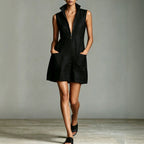 Linen Stand Collar Half Zip Sleeveless Pocket Mini Shift Dress
