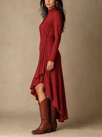 Mock Neck Wrap Dress with Asymmetric Ruffle Hem
