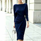 Boat-Neck Dolman Sleeve Midi Dress with Side Drape