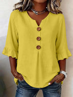 Linen Blend Notch V-Neck Ruffle Sleeve Blouse