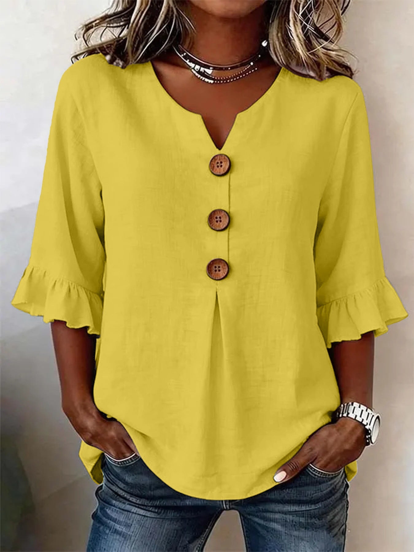 Linen Blend Notch V-Neck Ruffle Sleeve Blouse