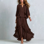 Women'S Tassel‑Detail Blouse & Ruffle Maxi Skirt Boho Two‑Piece Set