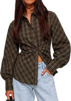 Vintage Brown Checkered Collared Long Sleeve Slim Fit Blouse