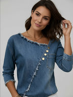 Asymmetric Frayed Denim Top