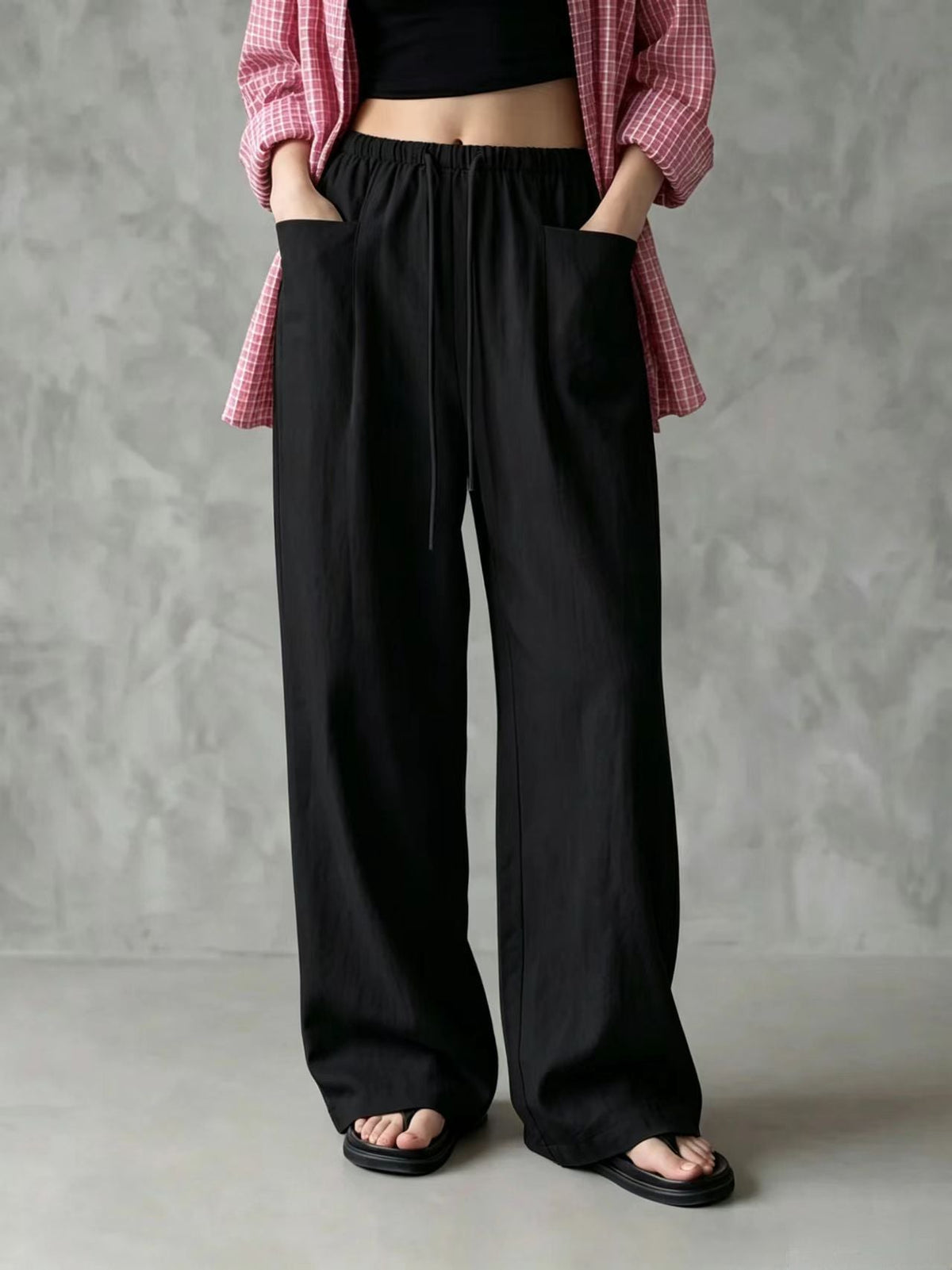Elastic Drawstring Waist Linen Blend Wide‑Leg Pants