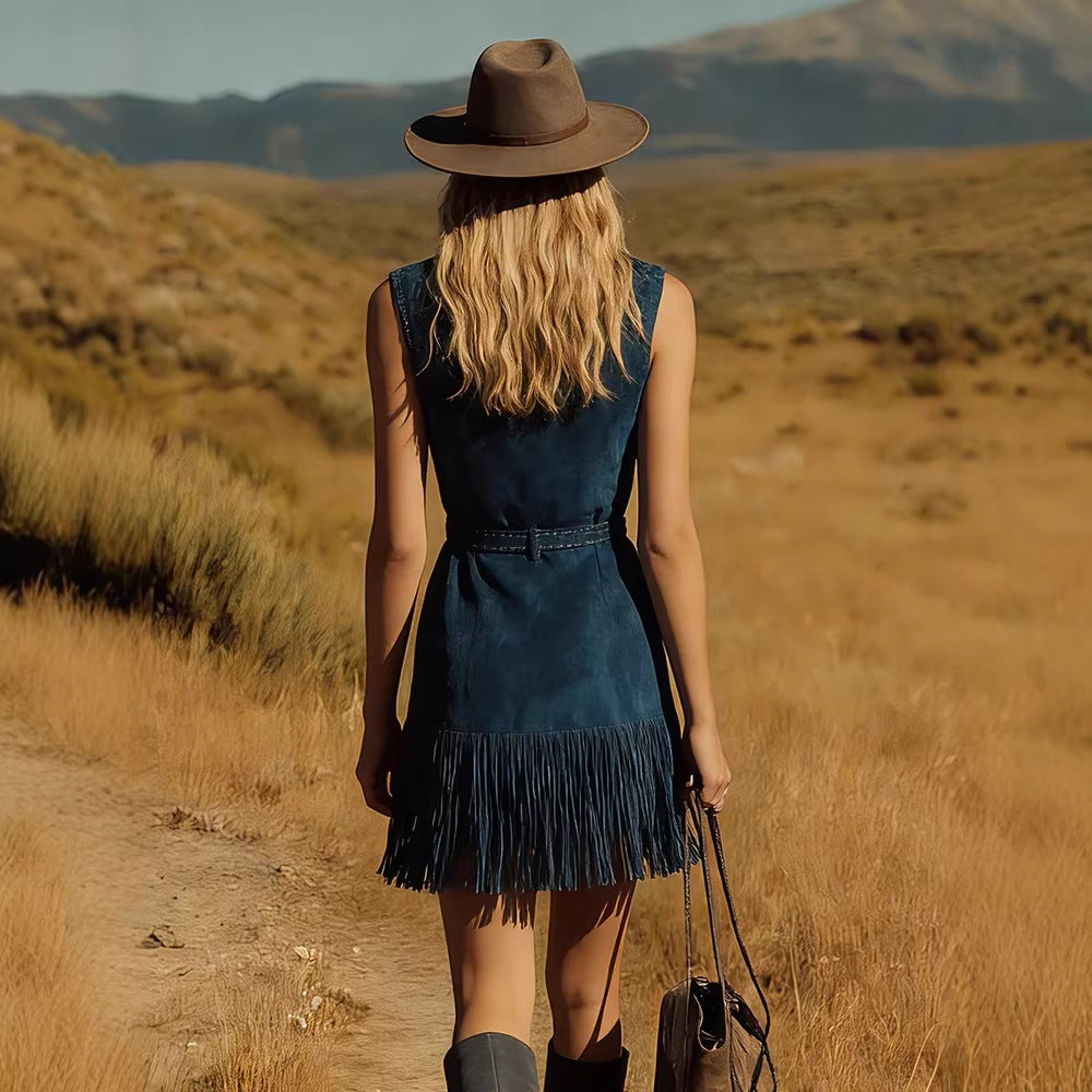 Teal Suede Sleeveless Western Fringe Mini Dress With Embellished Belt