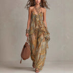 Vacation Style Printed V-Neck Watercolor Print Chiffon Halter Two-Piece Set