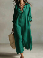 Lazy Style Solid Color Lapel Casual Long-Sleeved Shirt Dress