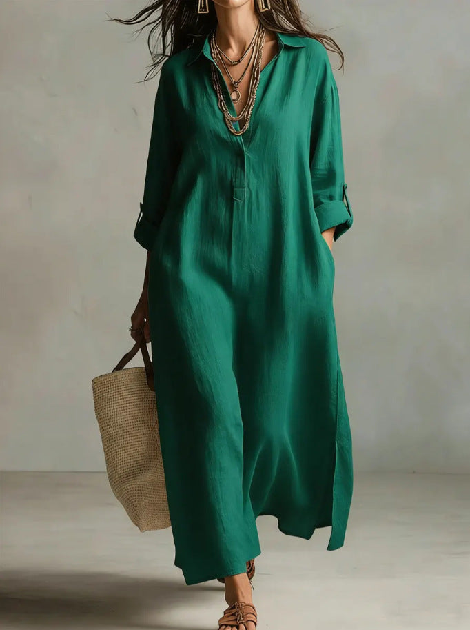 Lazy Style Solid Color Lapel Casual Long-Sleeved Shirt Dress