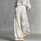 High Waist Wide Leg Pants Two Piece Set, Luxury Satin Elegant Vacation Matching Outfit
