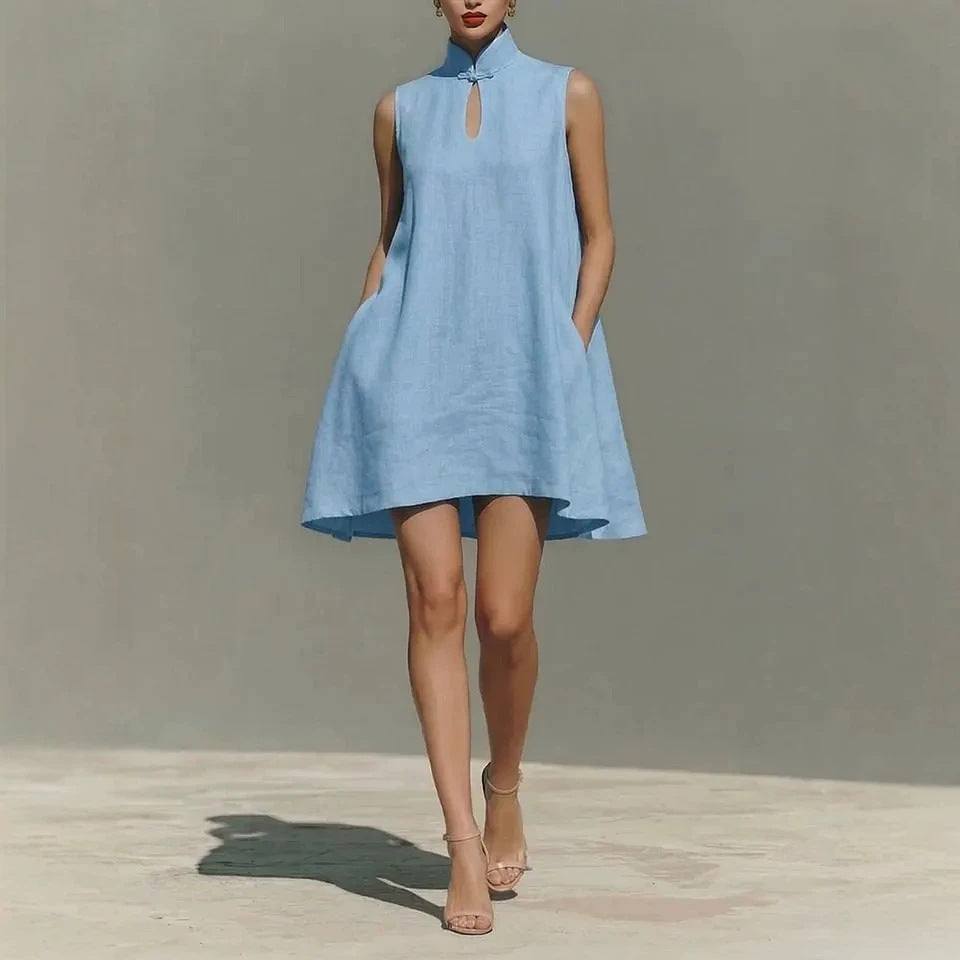 Modern Qipao-Inspired Linen Shift Dress