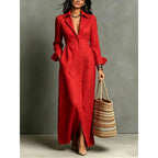 Women'S Lapel Collar Button‑Front Linen Shirt Maxi Dress