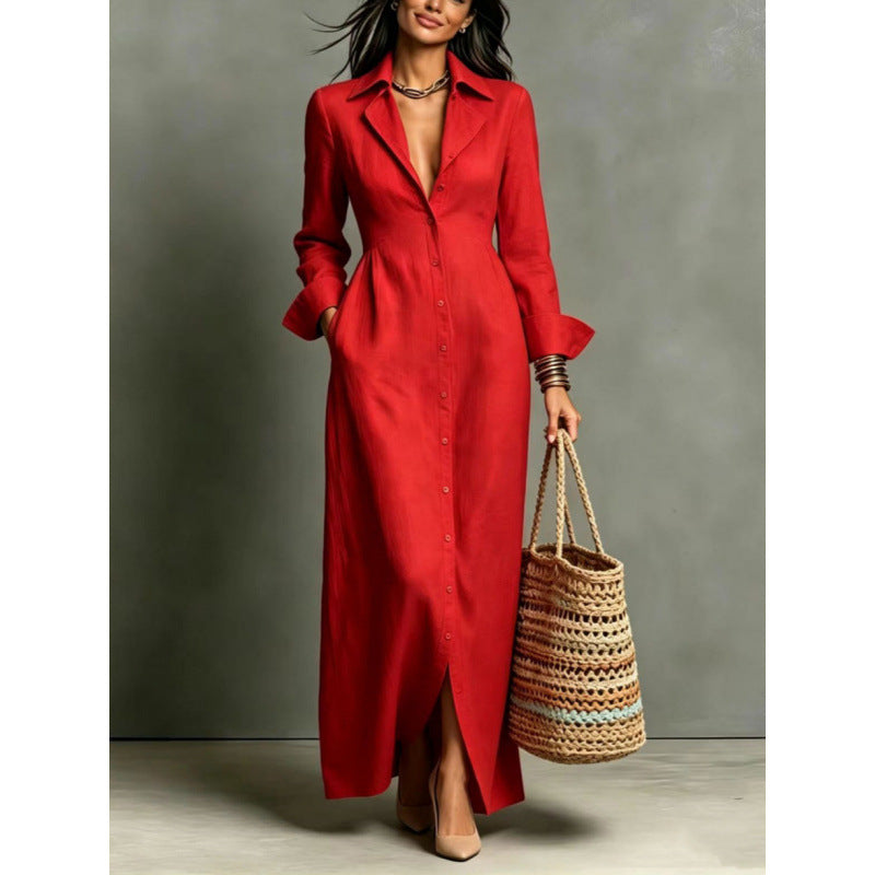 Women'S Lapel Collar Button‑Front Linen Shirt Maxi Dress