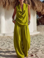 Sleeveless Collar Top & Wide Leg Vacation Pants