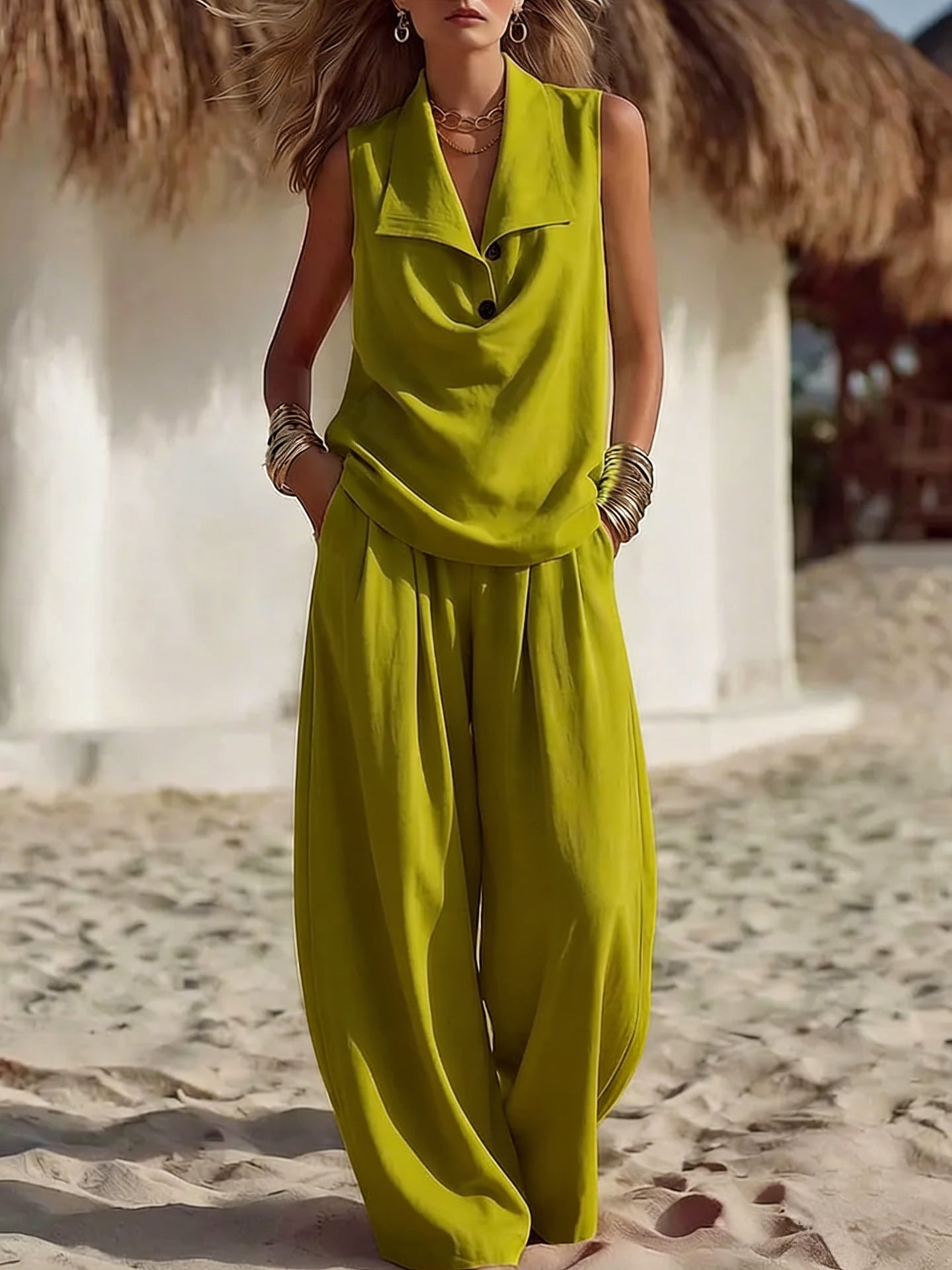 Sleeveless Collar Top & Wide Leg Vacation Pants
