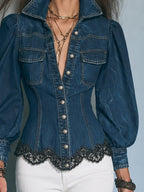 Puff Sleeve Lace Trim Fitted Denim Shirt