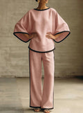 Women'S Elegant Round Neck Loose Bat Sleeves Cotton And Linen Two-Piece Set