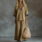 Effortless V-Neck Top & Wide-Leg Pants Two-Piece Set
