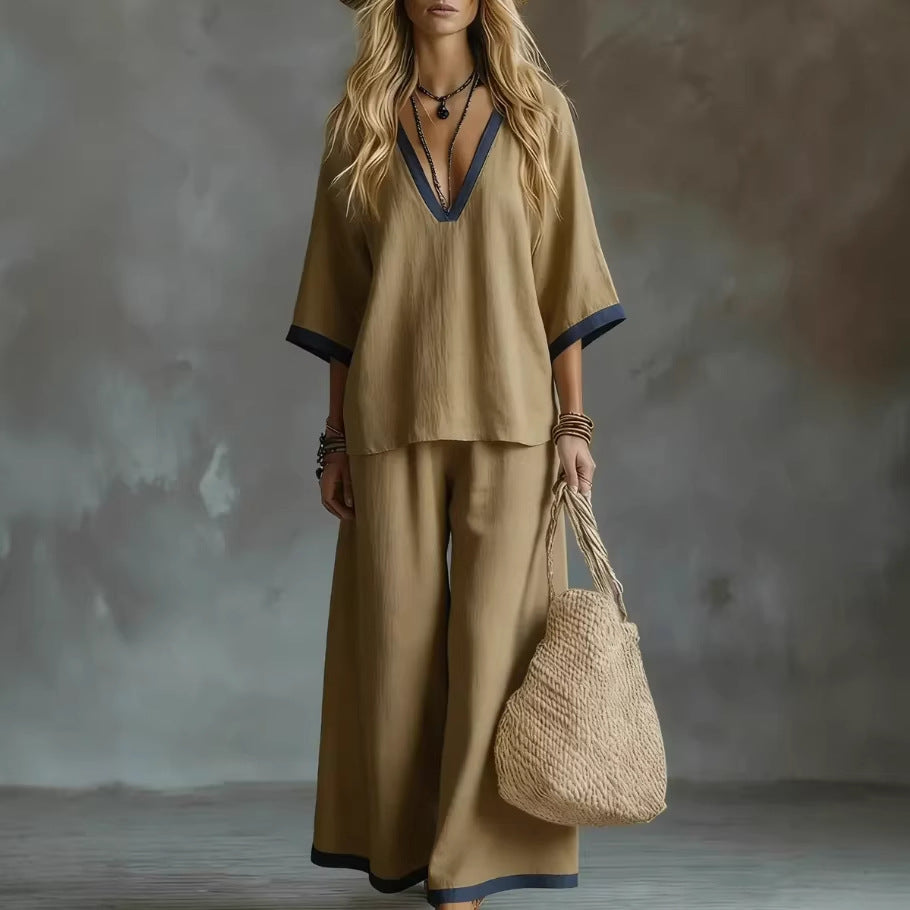 Effortless V-Neck Top & Wide-Leg Pants Two-Piece Set