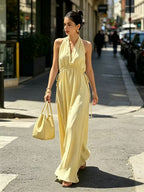 Women'S Halter V‑Neck Drawstring Waist Maxi Dress
