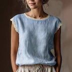 Women'S Retro Loose Solid Color Round Neck Lace Splicing Sleeveless Linen Shirt