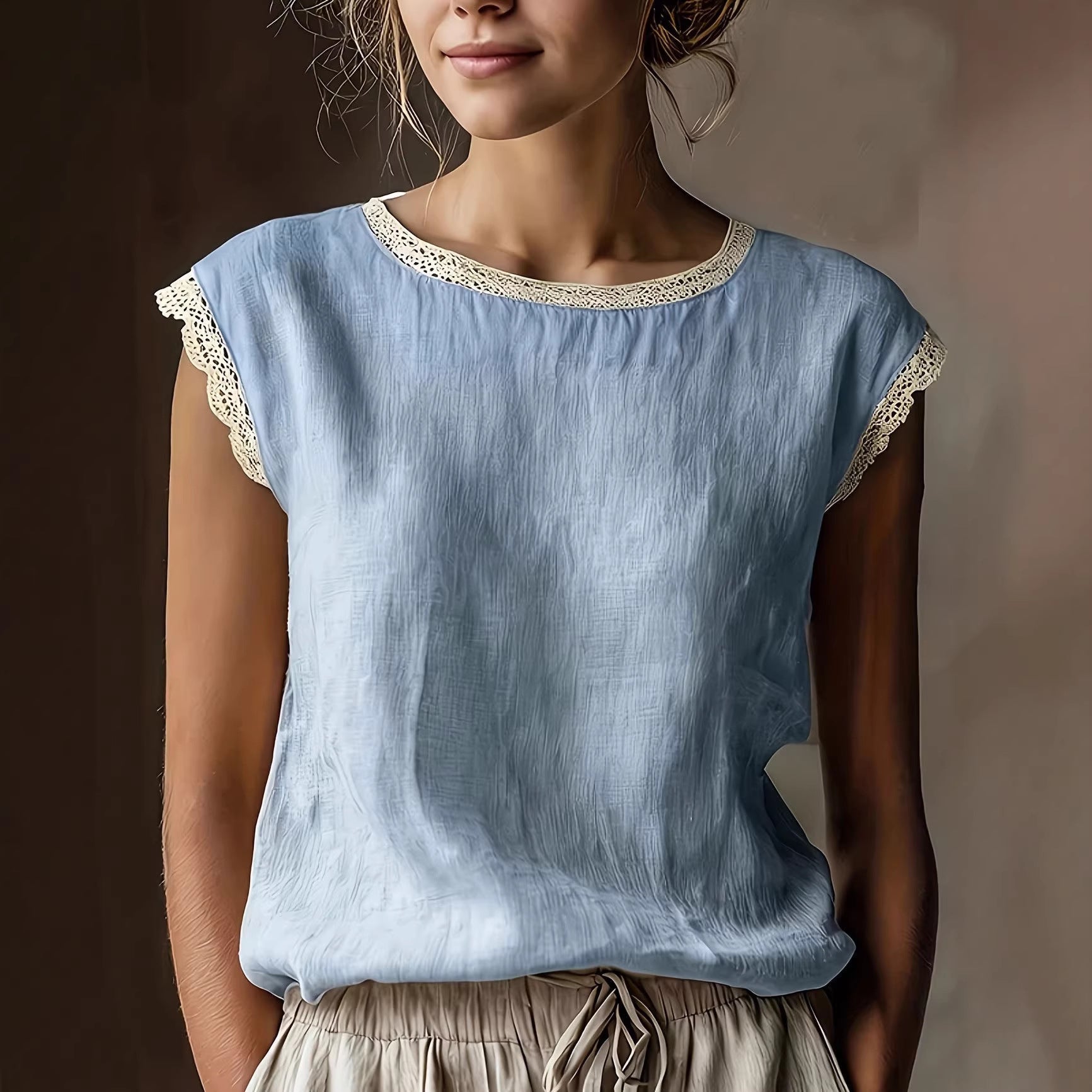 Women'S Retro Loose Solid Color Round Neck Lace Splicing Sleeveless Linen Shirt