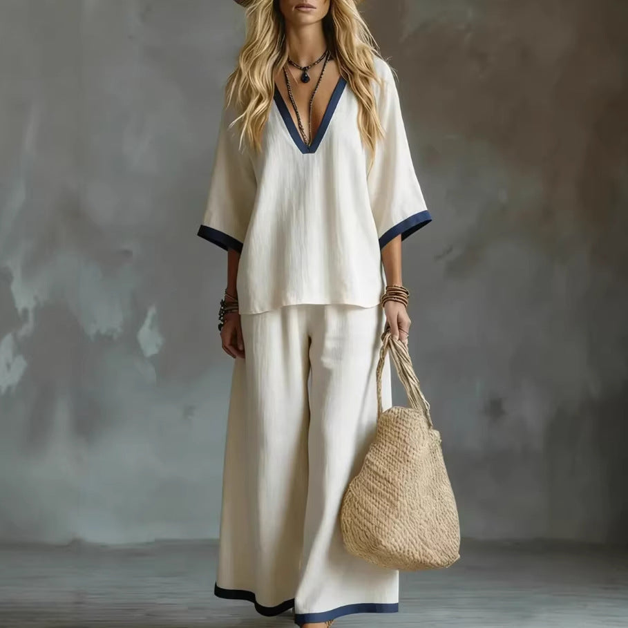 Effortless V-Neck Top & Wide-Leg Pants Two-Piece Set