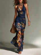 Boho Floral Halter Mesh Maxi Dress