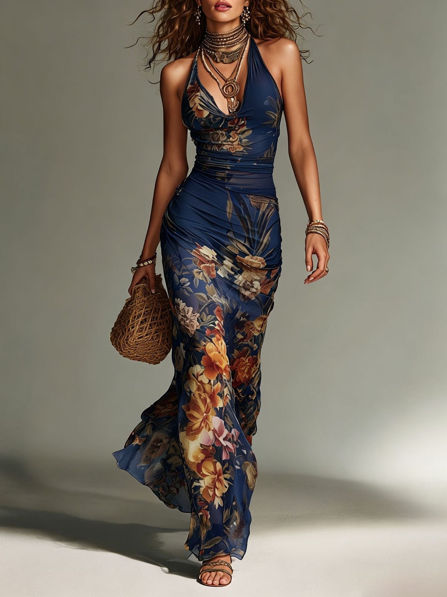 Boho Floral Halter Mesh Maxi Dress