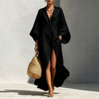 Linen‑Blend V‑Neck Kaftan Maxi Dress
